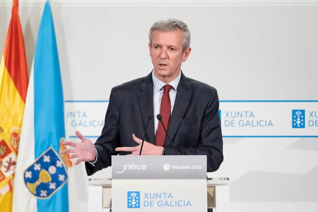 El presidente de la Xunta, Alfonso Rueda, en la rueda de prensa posterior a la reuni&oacute;n del Consello. - Europa Press