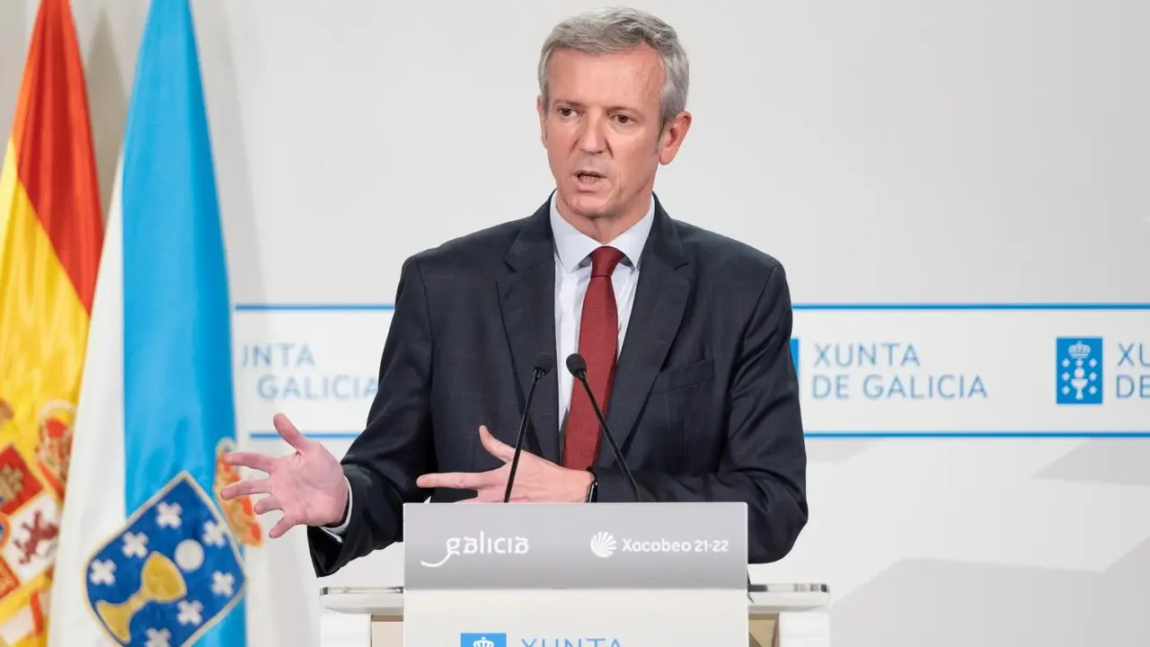 El presidente de la Xunta, Alfonso Rueda, en la rueda de prensa posterior a la reuni&oacute;n del Consello. - Europa Press