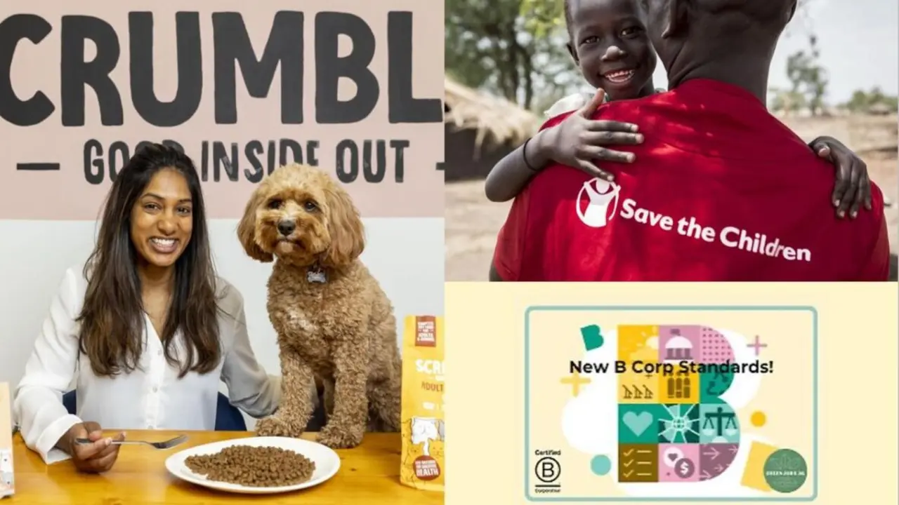 Imagen compuesta por dos fotograf&iacute;as, una de Save The Children, y otra de Scrumbles junto al sello B Corp | Foto de Scrumbles