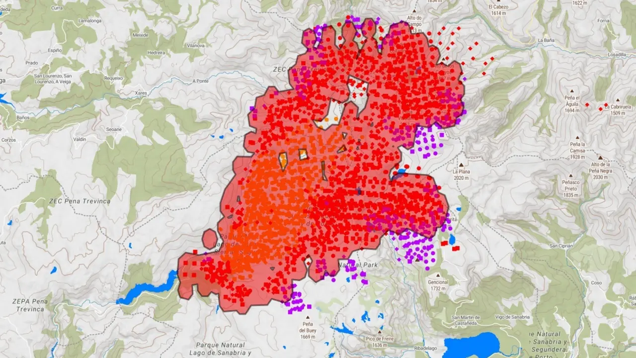Incendio en Pena Trevinca, desde el visor Copernicus, a 18 de agosto de 2025.
- COPERNICUS