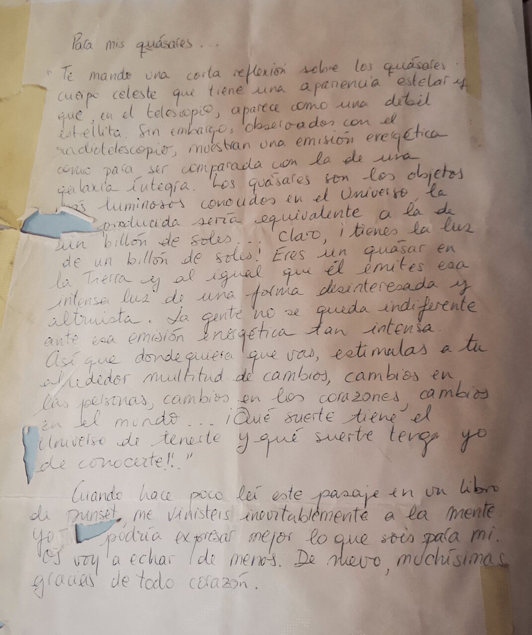 La carta que originó el proyecto Quásares. | Proyecto Quásares